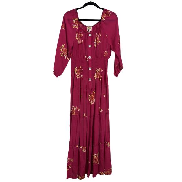 Anthropologie Fig & Flower Pink Floral Embroidered Tiered Maxi Dress Size Large - Picture 1 of 13